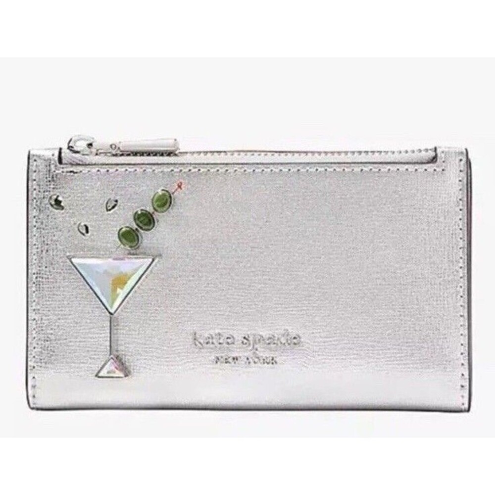 Kate Spade Shaken Not Stirred Martini Applique Slim Bifold Wallet Silver NWT